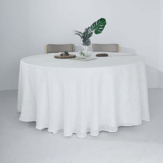 Faux Linen 120" Round Tablecloth White - Modern Slubby Texture with Wrinkle-Resistant Appeal Seamless Table Cover