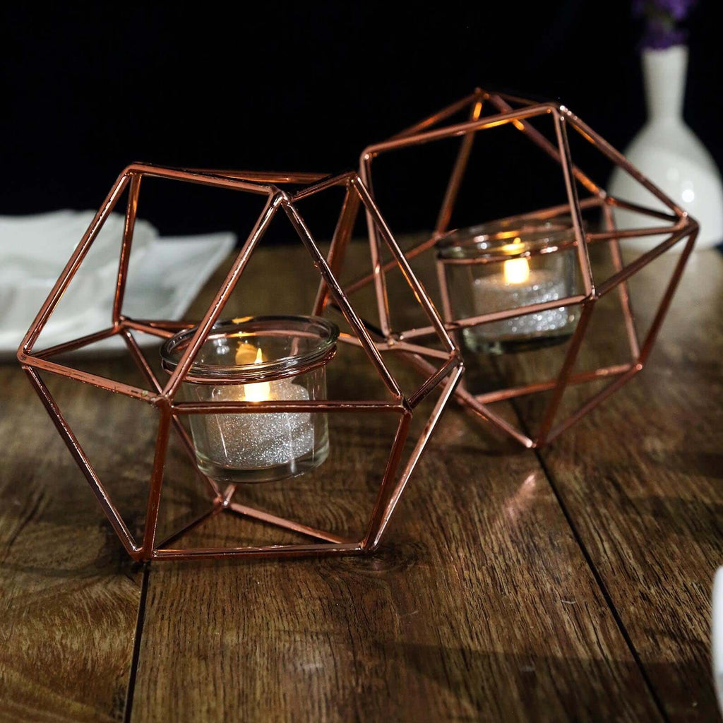 Set of Metal Candle Holders Linked Geometric Design Rose Gold - Modern Table Decor with Votive Glass for Gatherings 11"