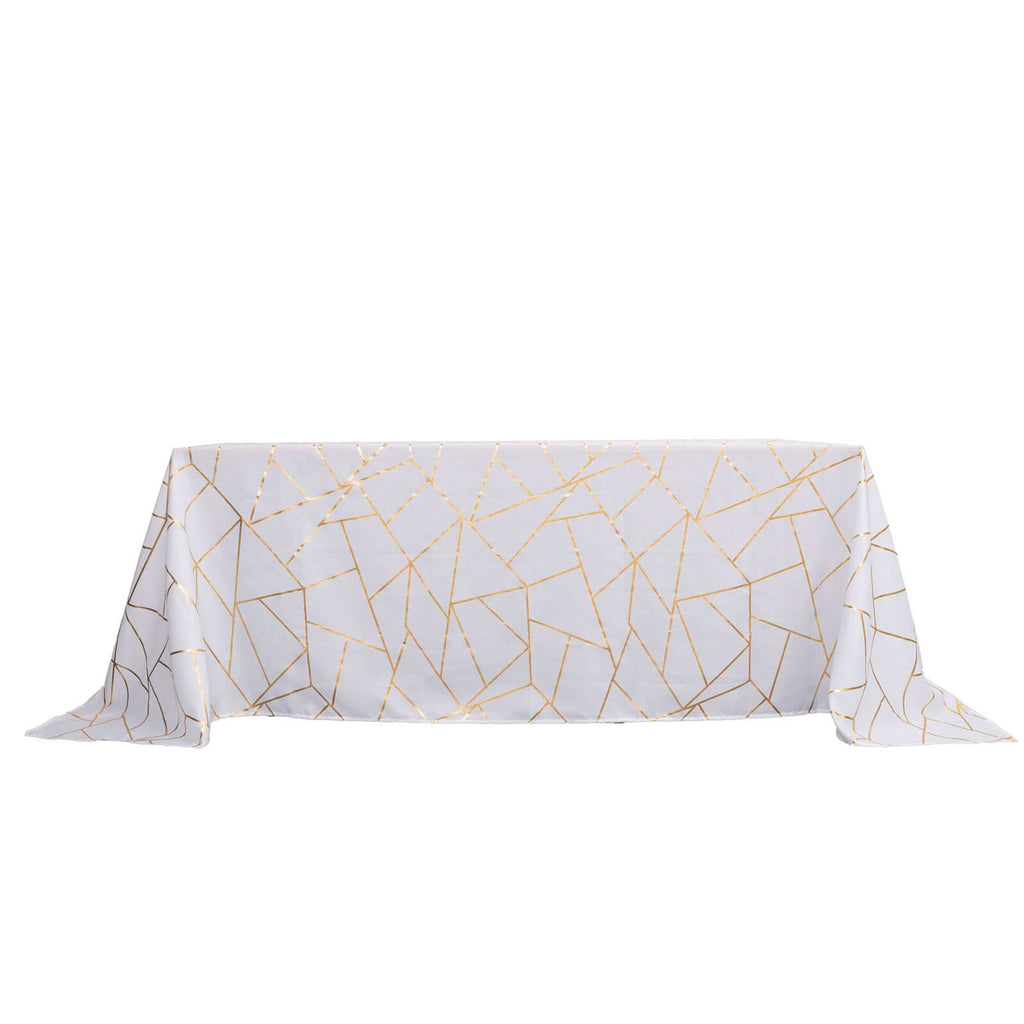 Polyester 90"x132" Rectangle Tablecloth White Seamless with Gold Foil Geometric Pattern - Wrinkle-Resistant Seamless Table Cover for Sophisticated Events
