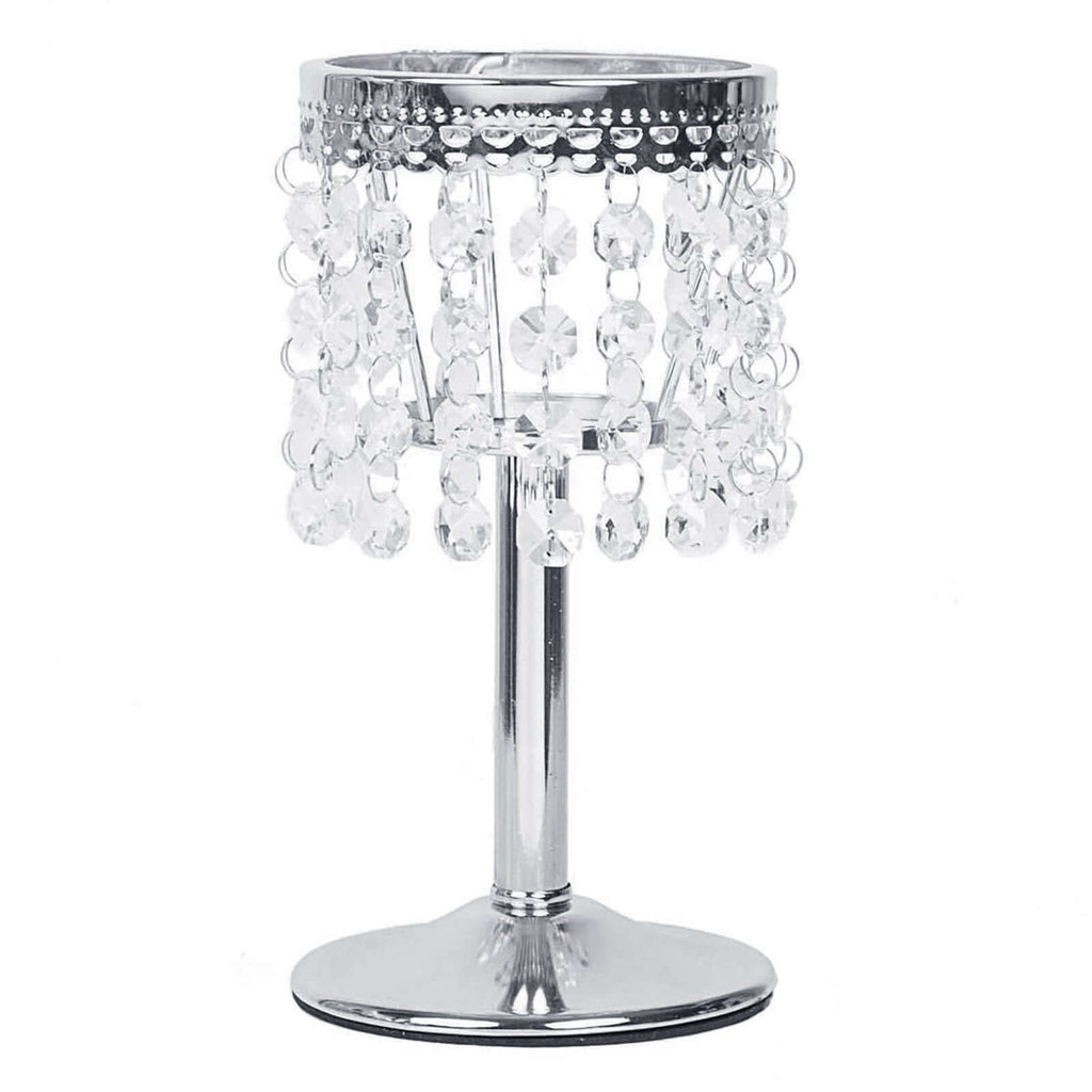 Crystal Beaded Chandelier Metal Candle Holder Silver - Stylish Tealight Stand for Decor 8"