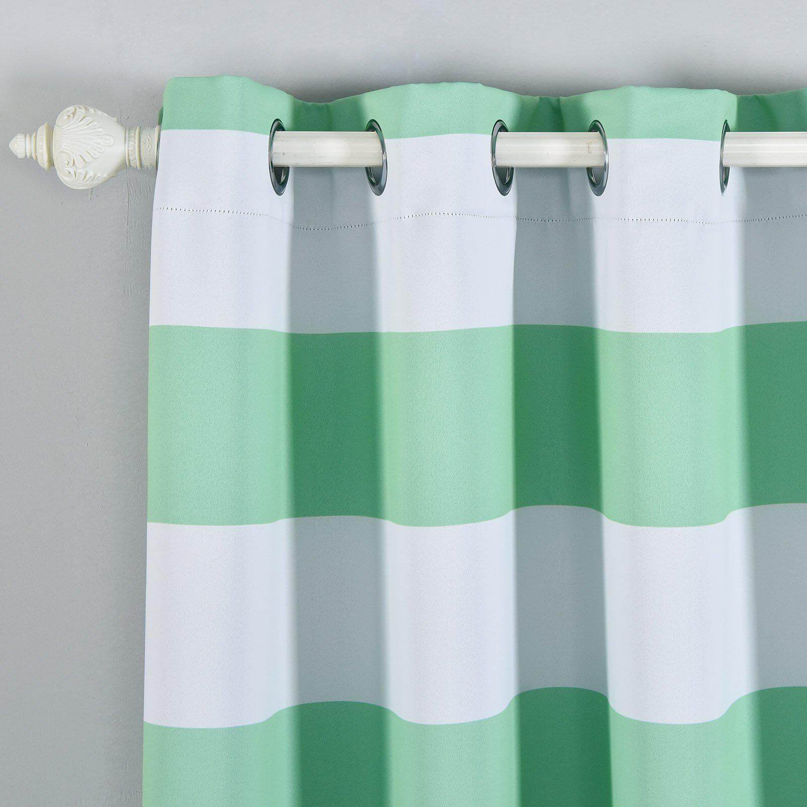 2 Pack White Mint Cabana Stripe Thermal Blackout Curtains With Chrome Grommet Window Treatment Panels - 52"x84"