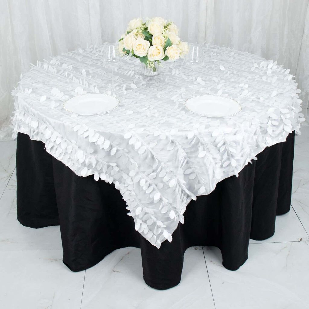Taffeta 72"x72" Table Overlay Square Tablecloth White 3D Leaf Petal Design for Stylish Celebrations