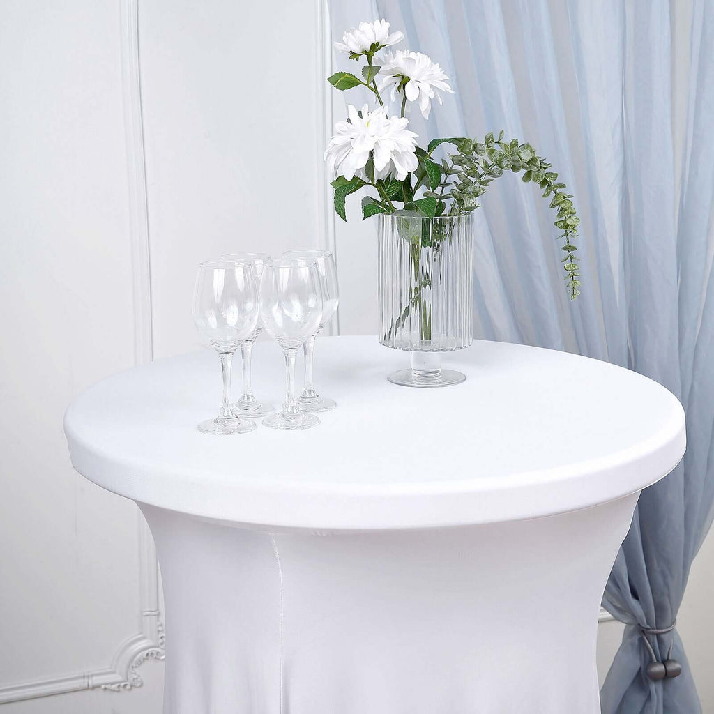 Spandex 30" Round Cocktail Table Cover Skirt White With Natural Wavy Drapes