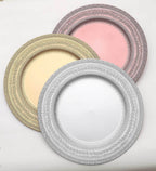 6-Pack Acrylic Round Charger Plates 13" in Silver with Lace Embossed Rim, Rustic Plastic Decorative Charger Tableware