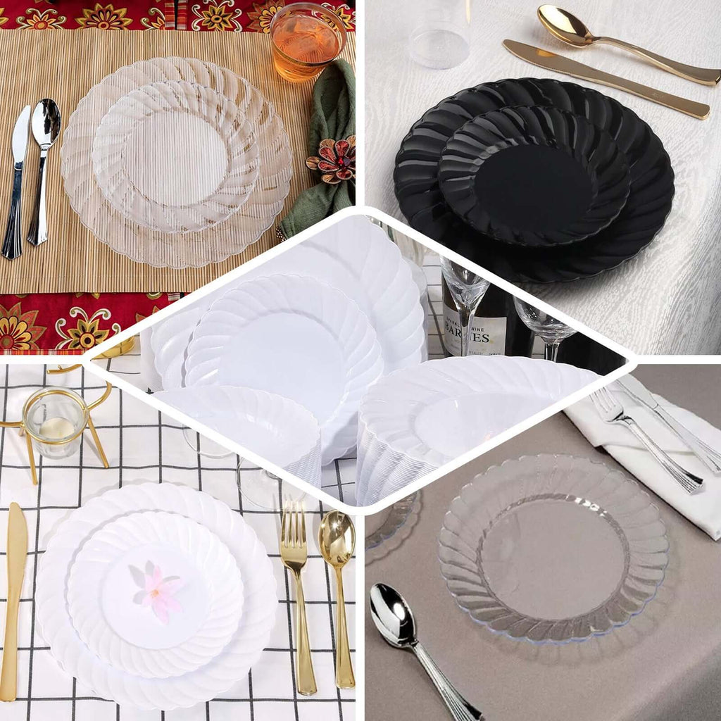 12-Pack Plastic Dinner Plates Glossy White Swirl Rim - Durable Disposable Plates for Gatherings 10"