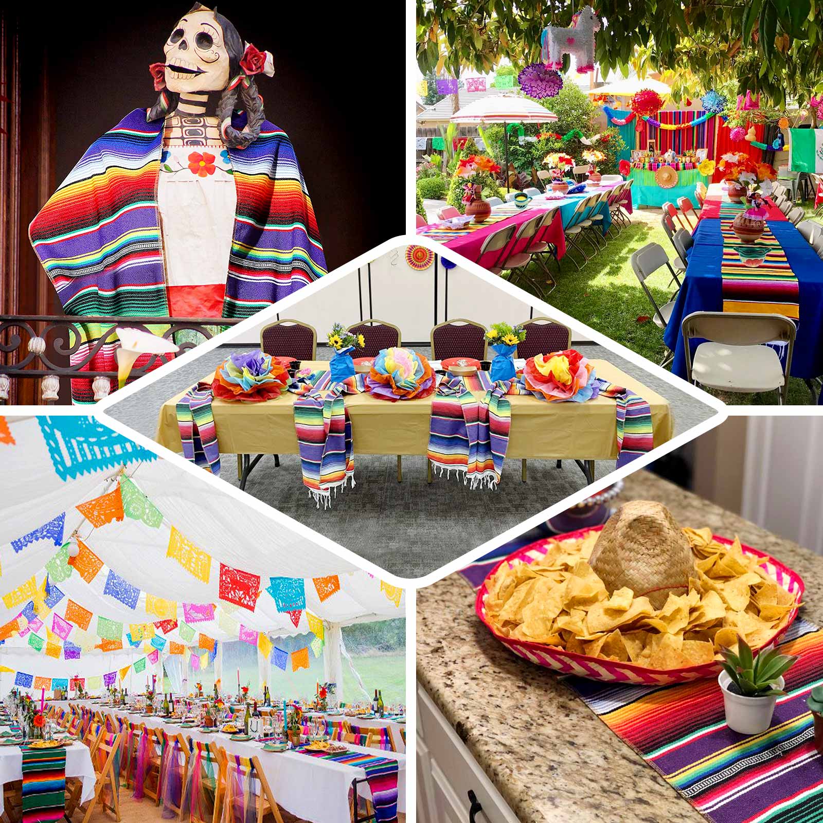 Mexican Serape 14"x108" Table Runner With Tassels Assorted Colors - Vibrant Fiesta Party Decor