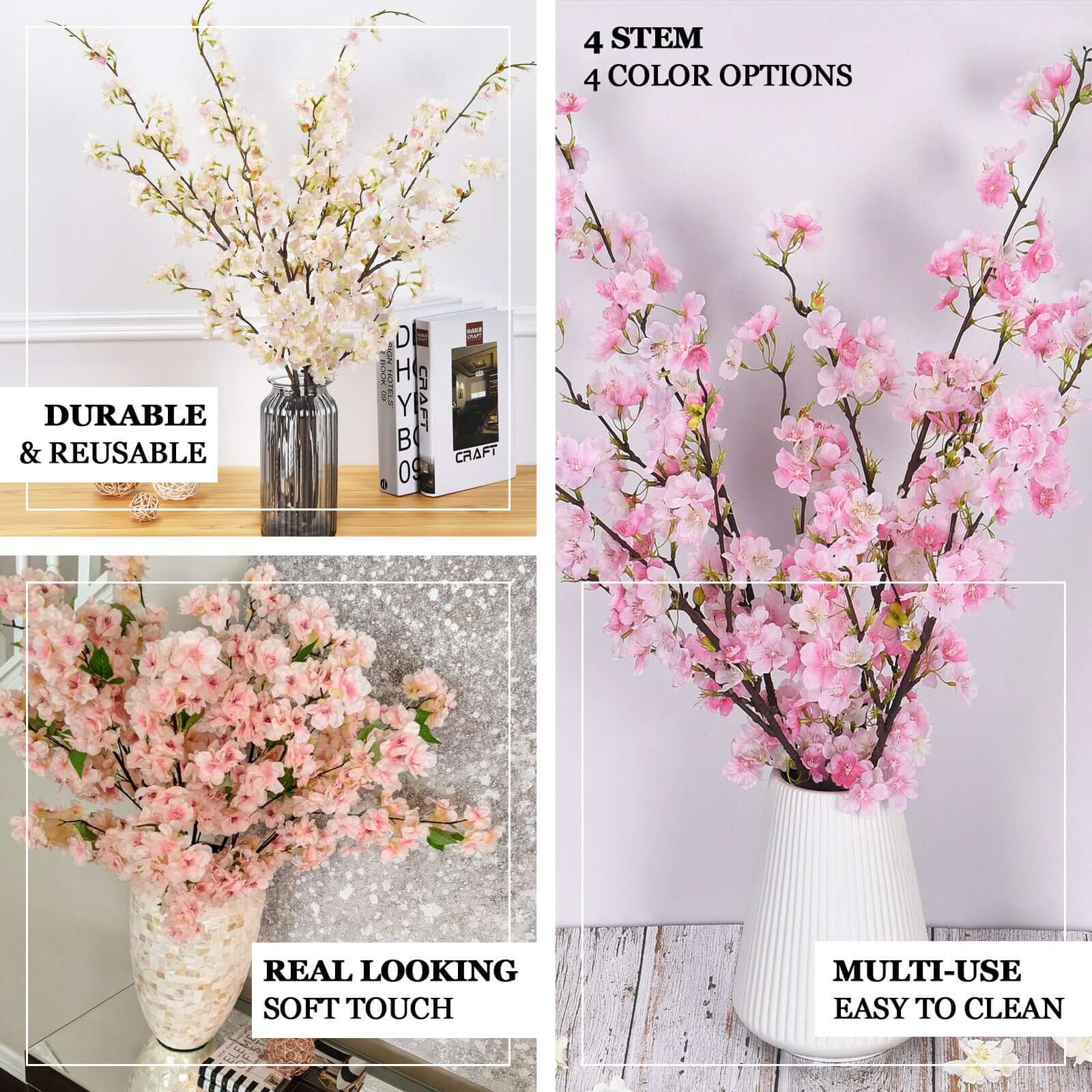4 Bushes 40" Tall White Artificial Silk Cherry Blossom Flowers, Branches