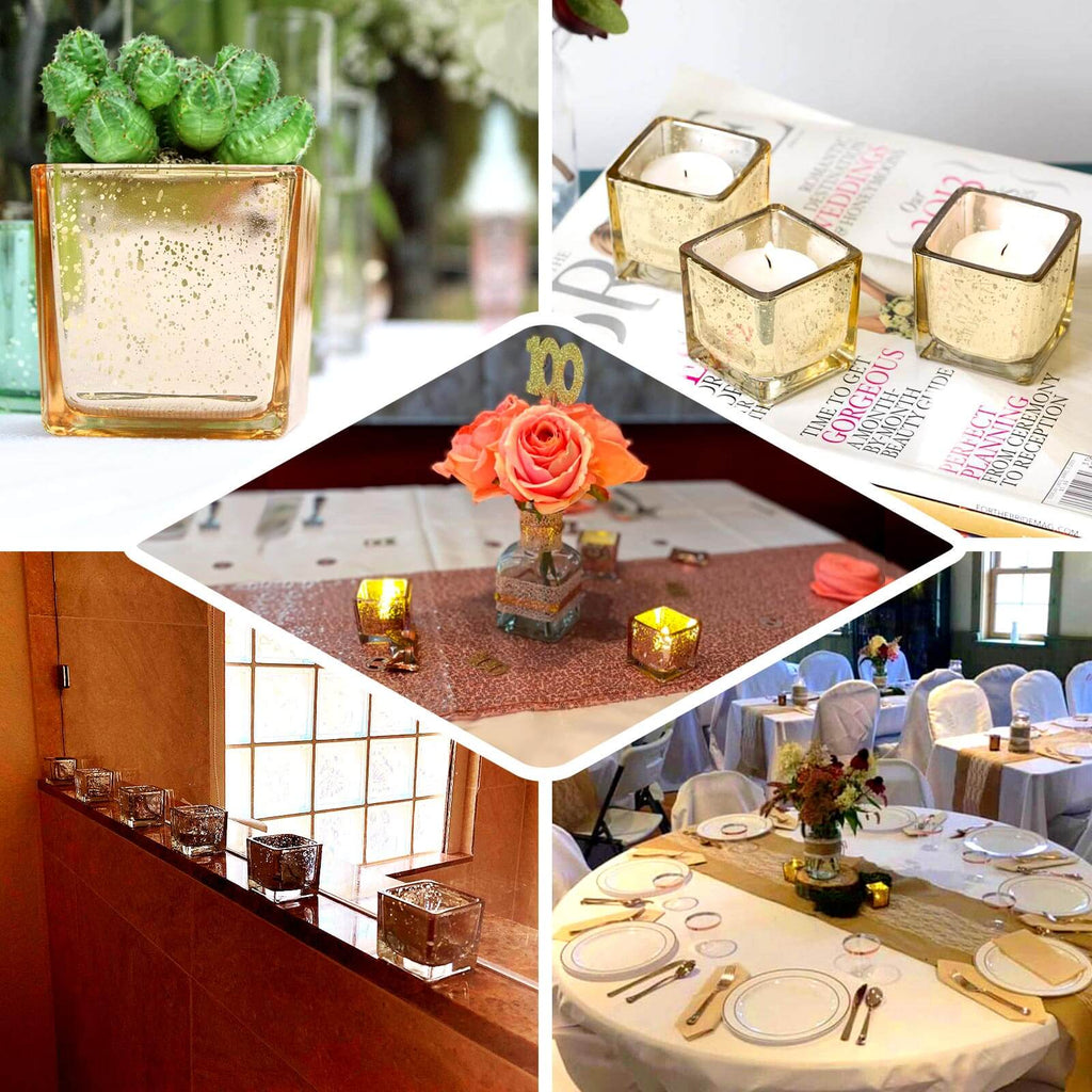 12-Pack Mercury Glass Candle Holders Rose Gold with Speckled Design - Square Votive Tealight Holders 2"