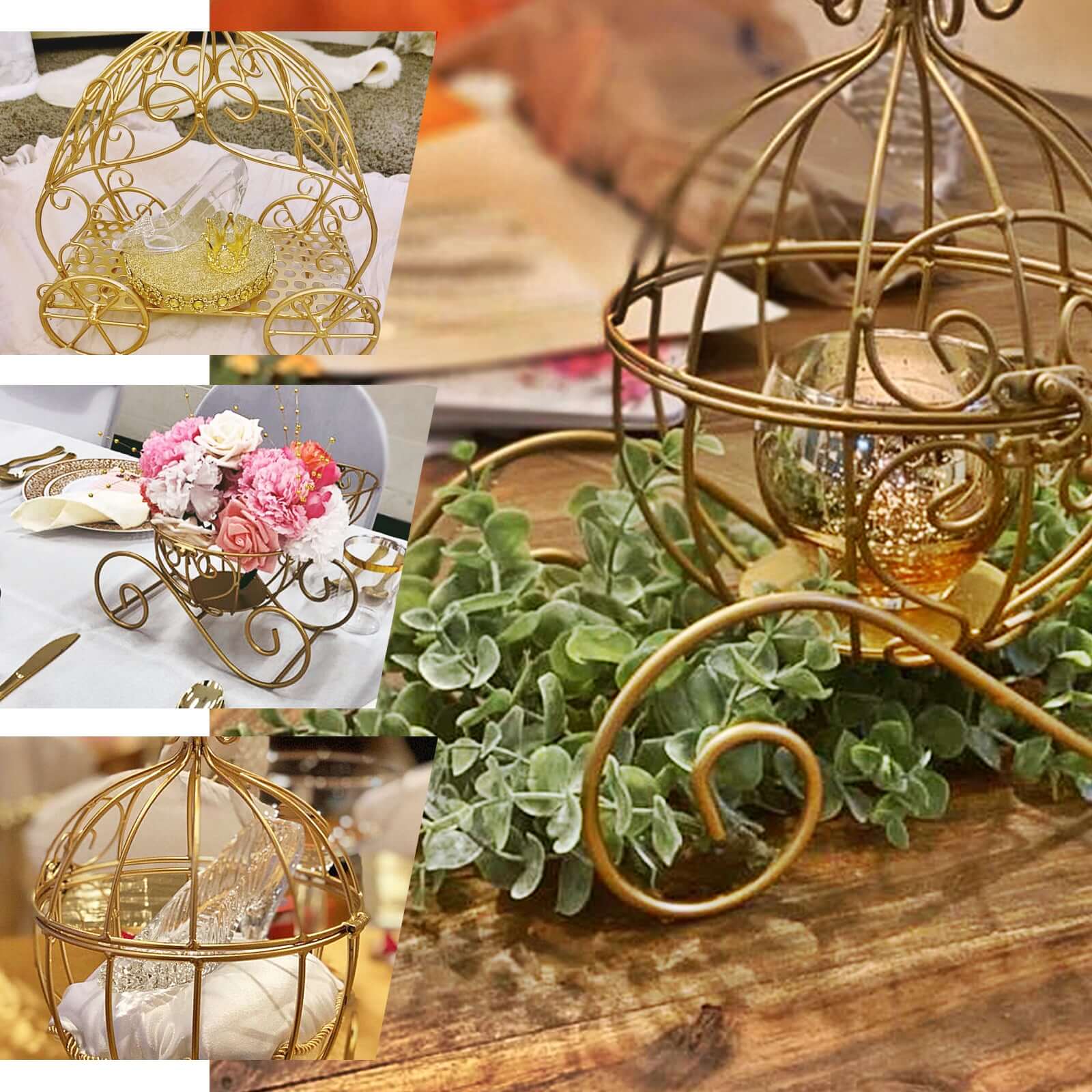 Pumpkin Carriage Table Centerpiece Gold Wrought Iron Wedding Display - Vintage Decor 11"