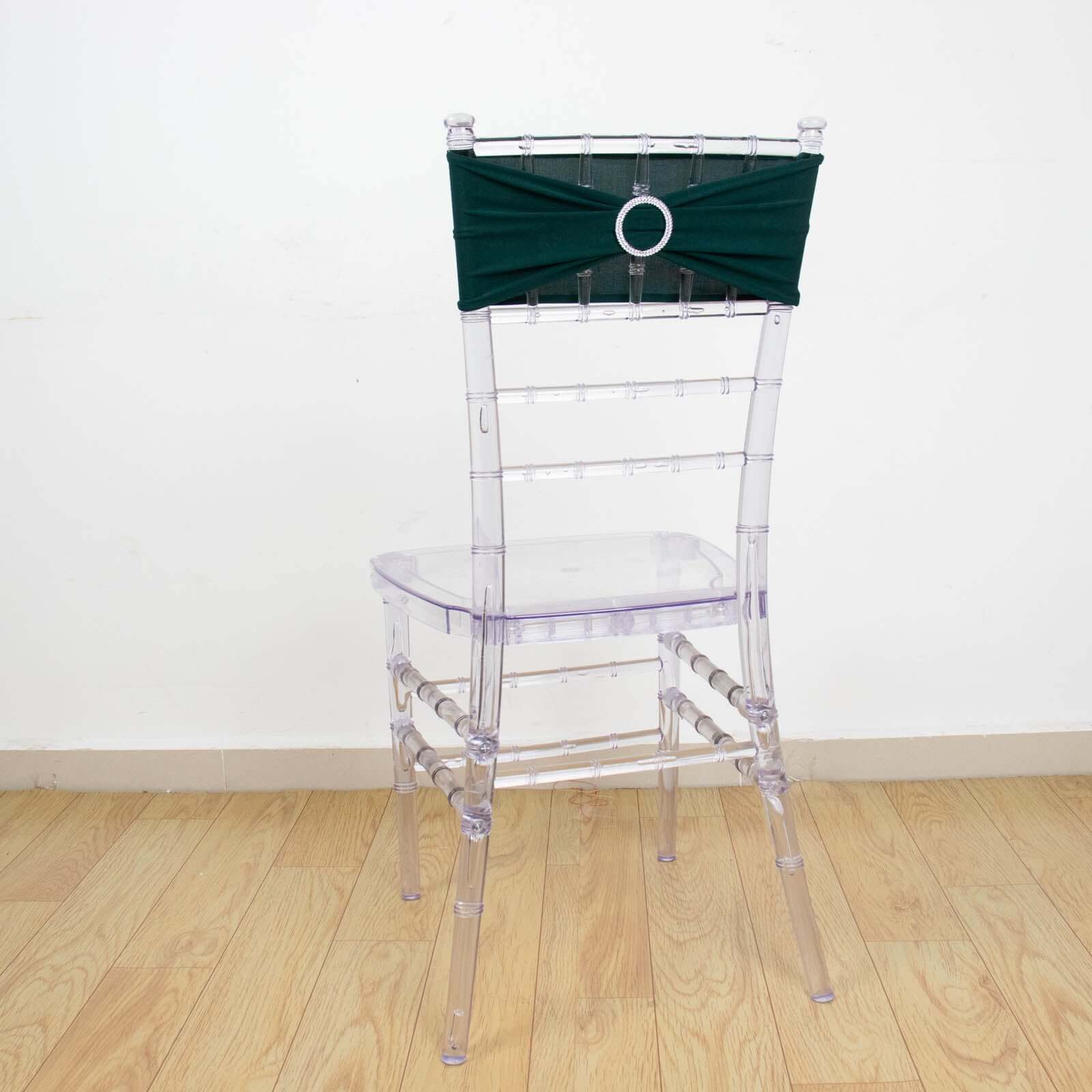 5 Pack Stretch Spandex Chair Sashes Hunter Emerald Green - Reusable Chair Bands with Silver Diamond Ring Slide Buckle 5"x14"