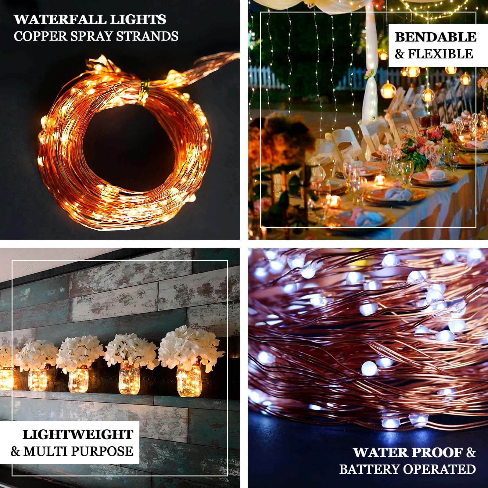 200 LED Fairy Waterfall String Lights Warm White Waterproof Copper Strands - Battery Operated DÃ©cor 8ft