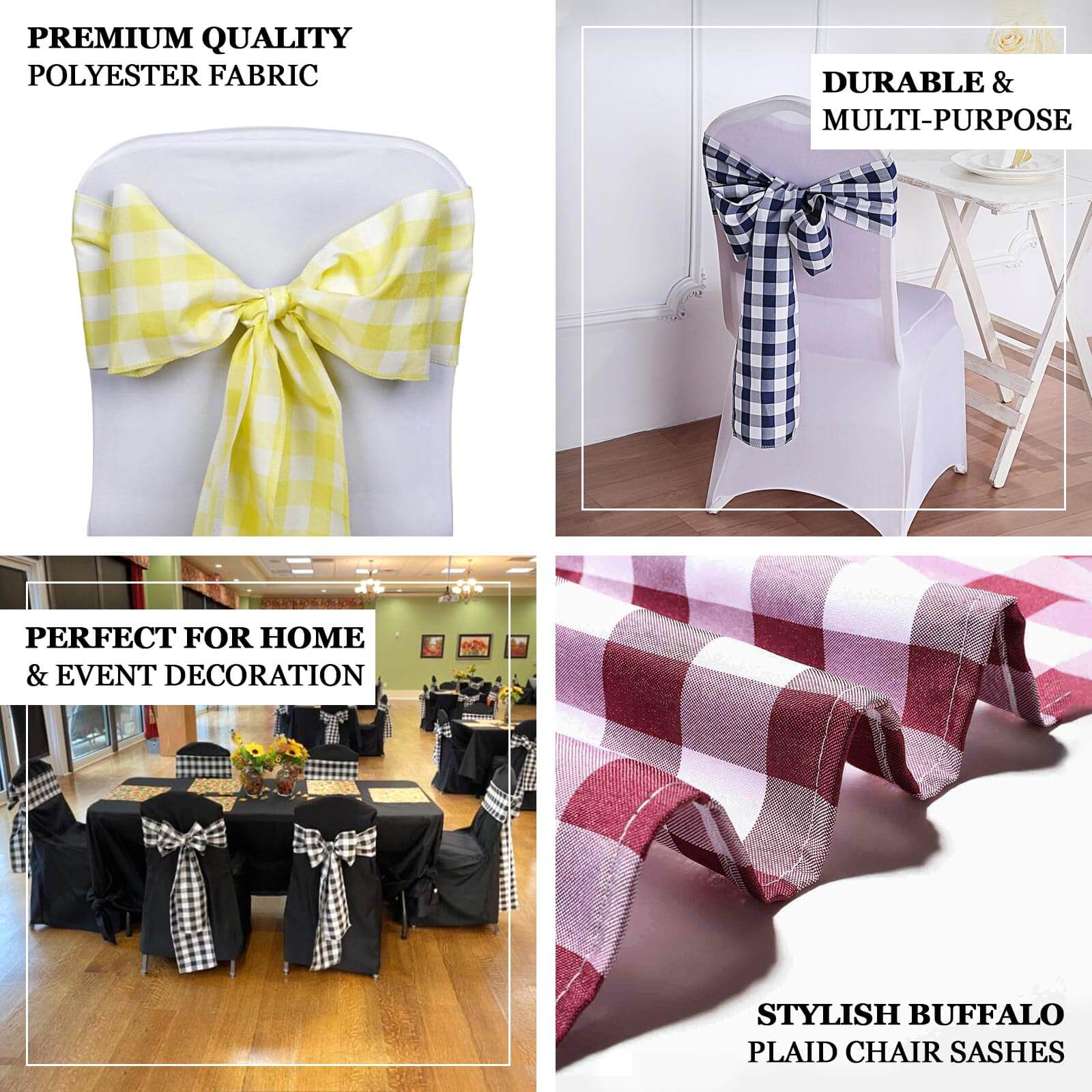 5 Pack Polyester Chair Sashes Burgundy/White Buffalo Plaid - Durable & Reusable Chair Bows 6"x108"