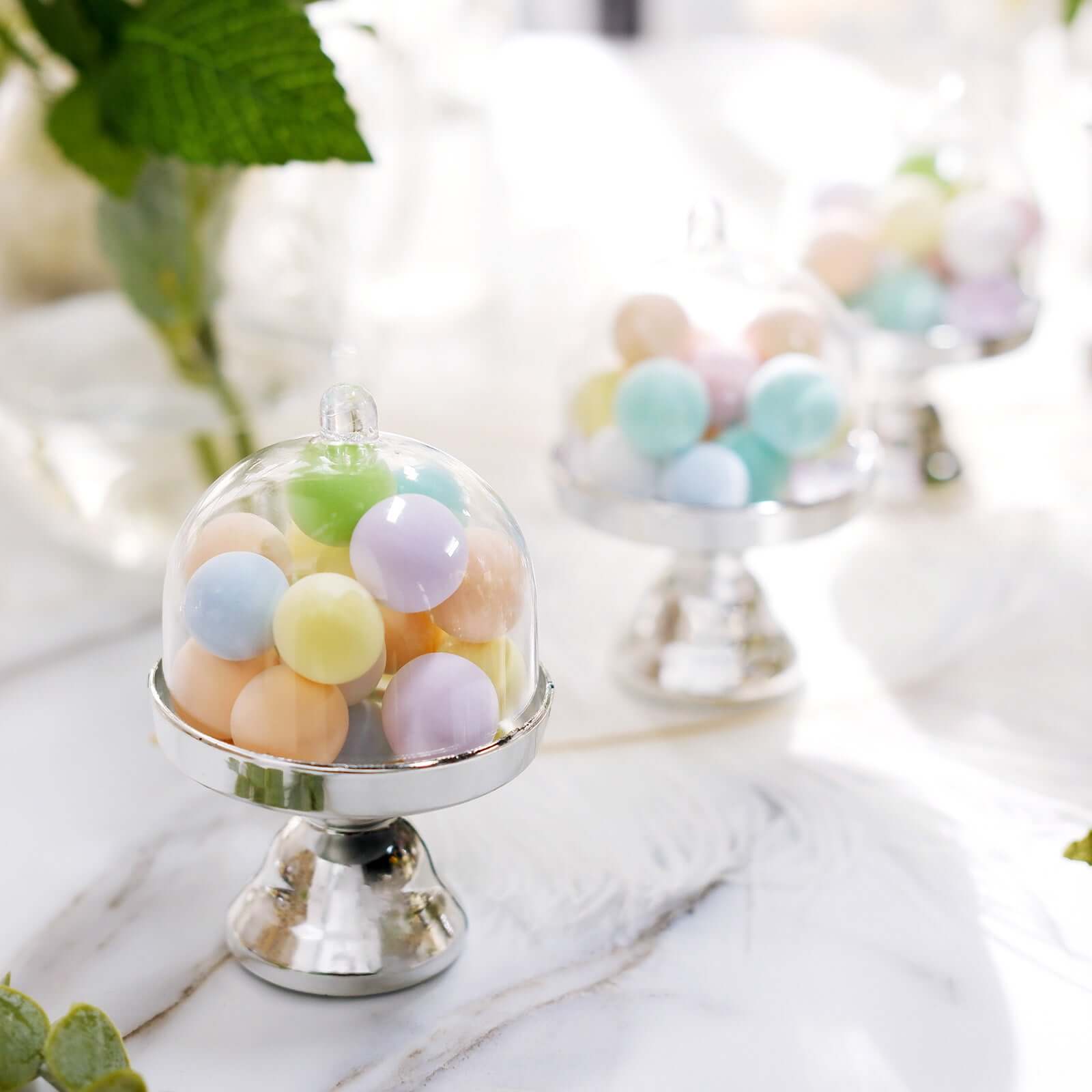 12-Pack Fillable Mini Pedestal Candy Container Clear/Silver - Decorative Candy Treat Favor Boxes with Dome Lid 4"