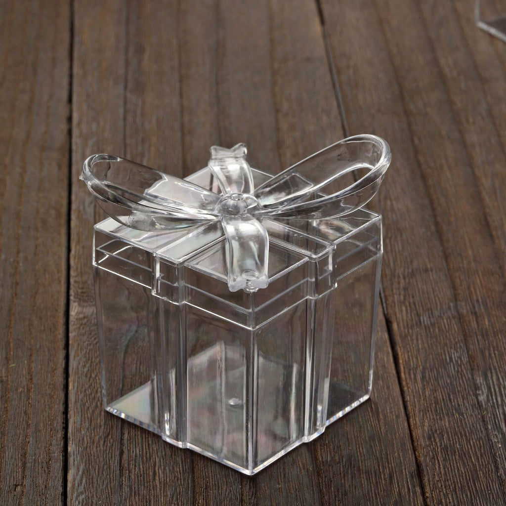 12 Pack 3" Square Clear Bow Top Plastic Party Favor Boxes, Transparent Candy Container Gift Boxes
