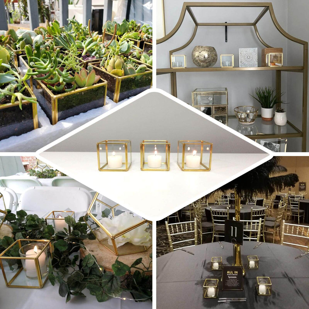 3-Pack Glass Tealight Votive Candle Holders Square Cube Design Clear with Gold Metal Frame - Stackable 3"