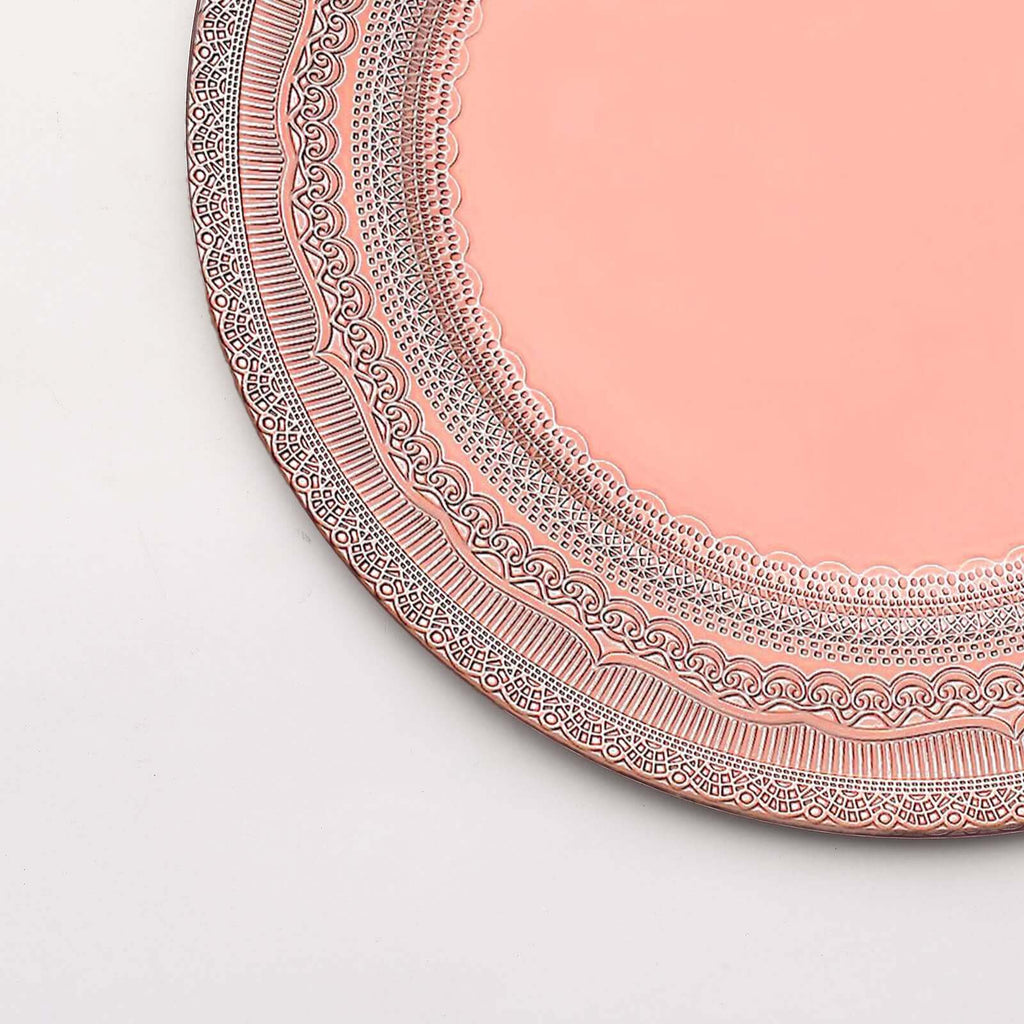 6-Pack Acrylic Round Charger Plates 13" in Rose Gold with Lace Embossed Rim, Rustic Plastic Decorative Charger Tableware