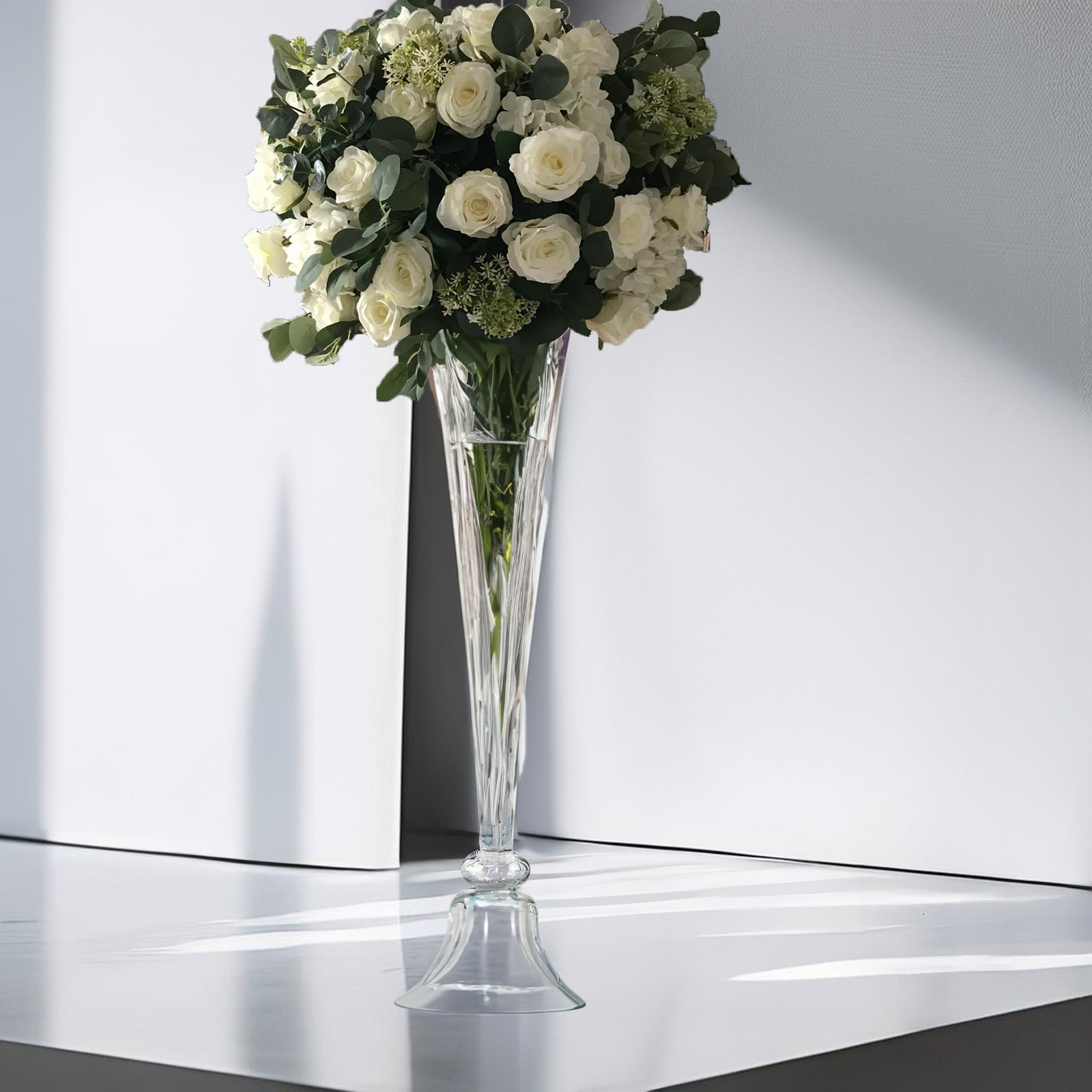 Glass Trumpet Floor Vase Reversible Clarinet Style Clear - Decorative Flower Centerpiece for Events 40"