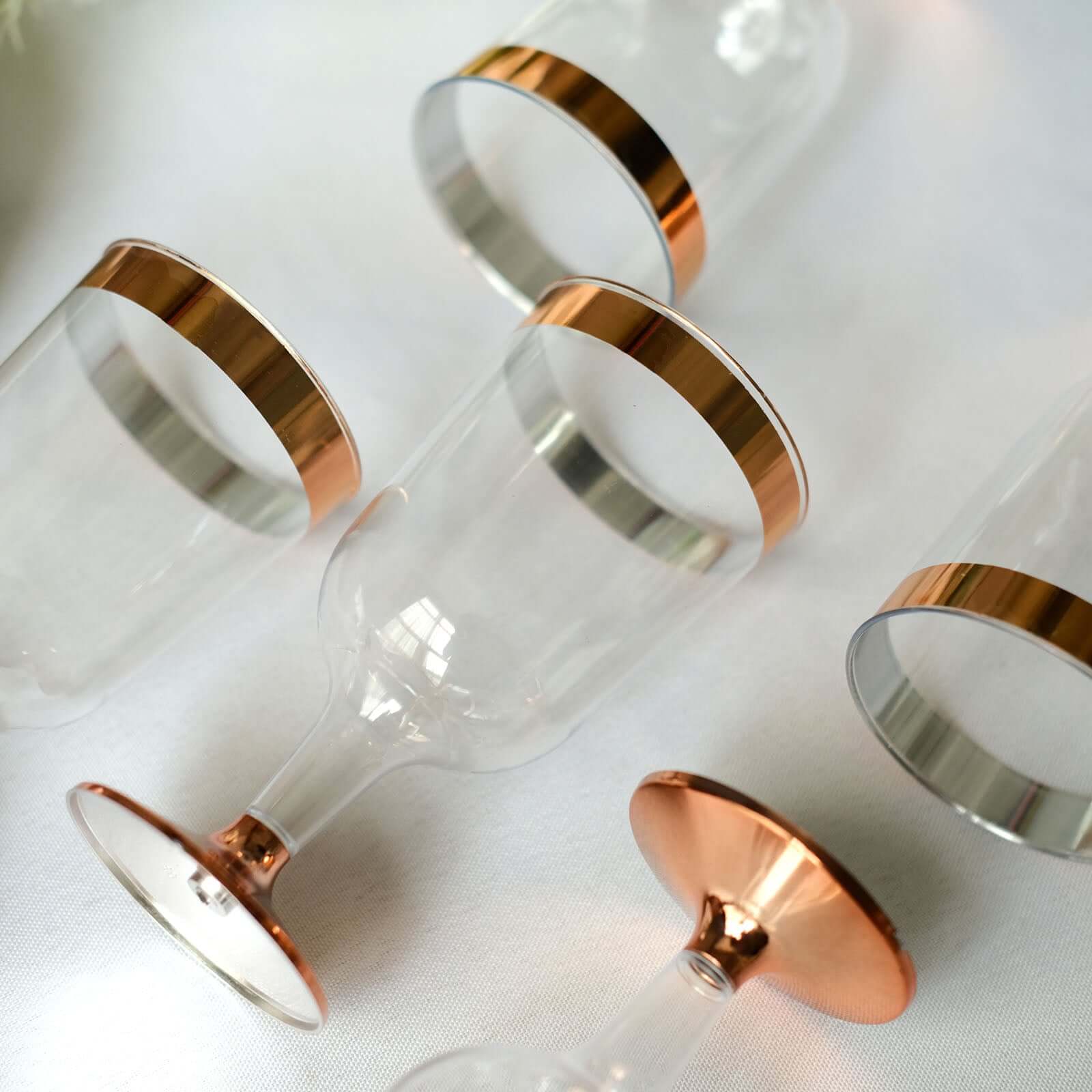 12-Pack Plastic Wine Glasses Clear with Rose Gold Rim - Classy Disposable Cups with Detachable Base for Weddings & Special Occasions 6oz
