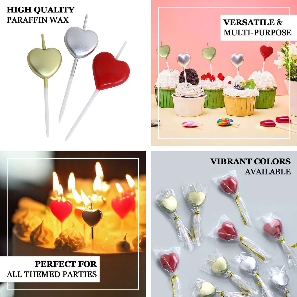 10-Pack Heart Shaped Cupcake Candles Love and Valentine Dessert Toppers - Red, Silver, and Gold