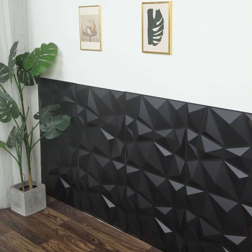 12 Pack 20"x20" Matte Black 3D Texture PVC Diamond Design Wall Tiles, Stick On Waterproof Wall Panels