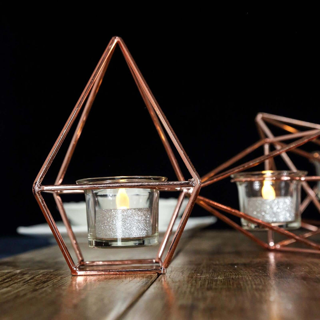 Set of Metal Candle Holders Linked Geometric Design Rose Gold - Modern Votive Glass Decor for Tables & Gatherings 16"