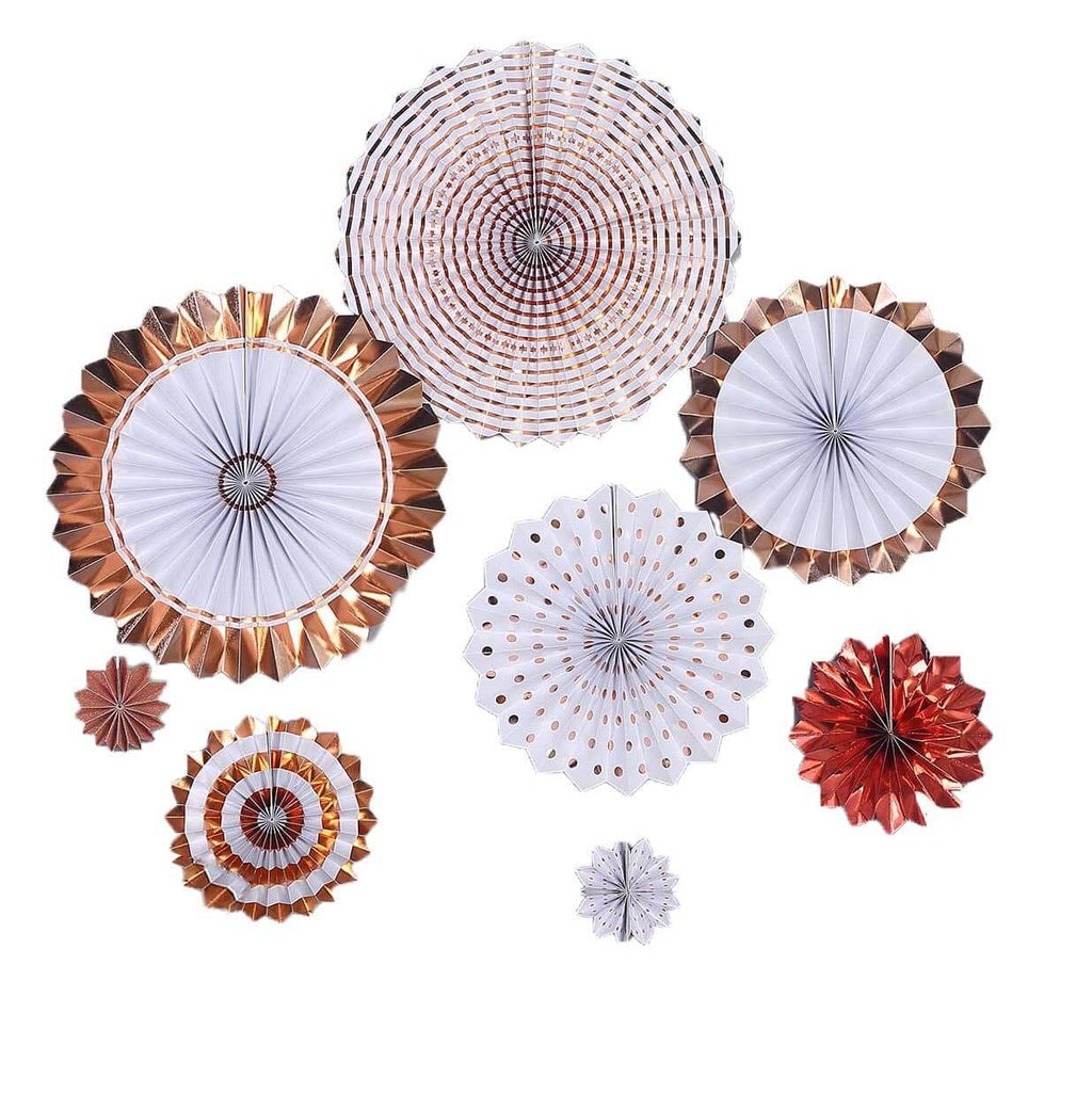 Set of 8 Gold Rose Gold Hanging Paper Fan Decorations, Pinwheel Wall Backdrop Party Kit - 4", 8", 12"