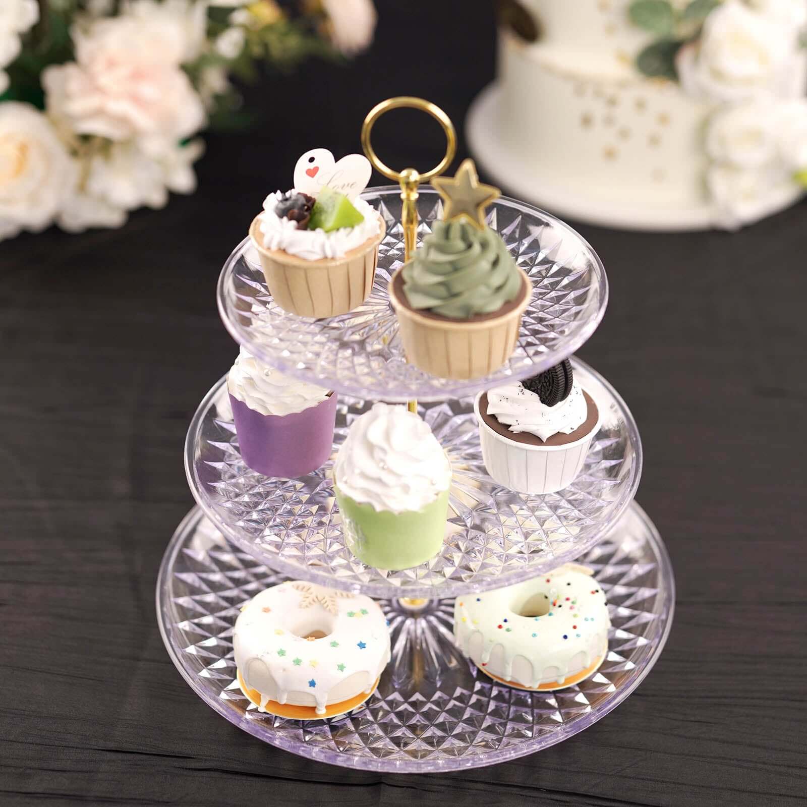 3-Tier Acrylic Cupcake Stand Clear - Sturdy Dessert Serving Tray Platter with Gold Top Handles for Classy Special Occasions & Dessert Buffets 12"