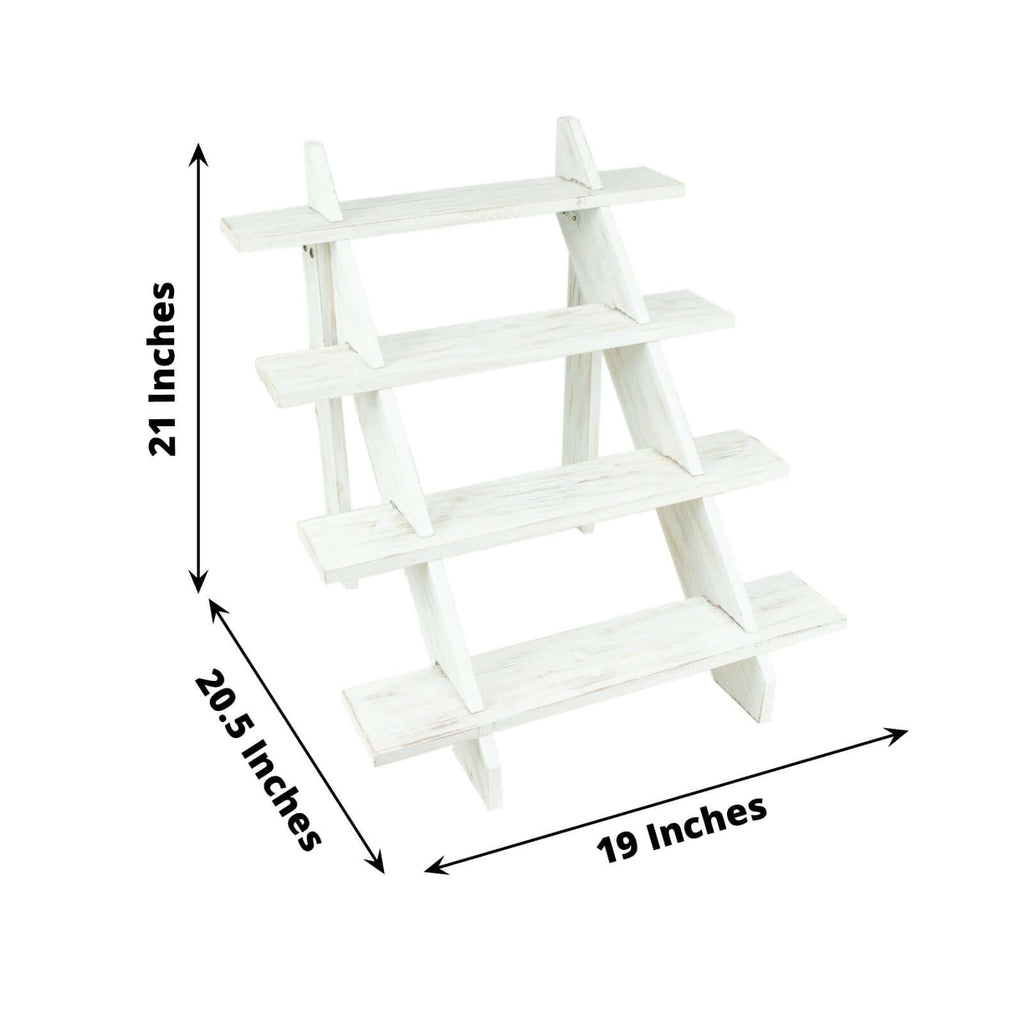 4-Tier Wooden Ladder Shelf Whitewashed Rustic Design - Cascading Stair Step Dessert Display Cupcake Holder 21"