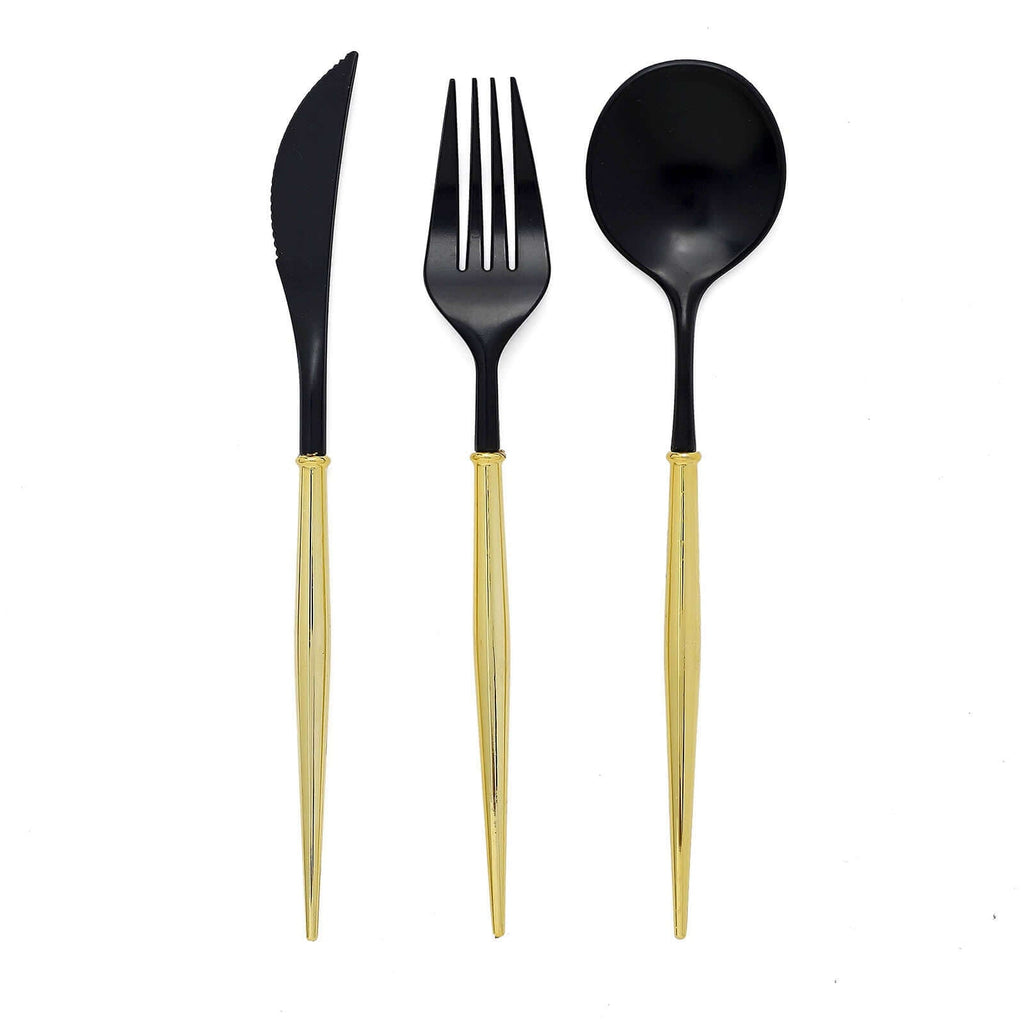 24-Pack Plastic Flatware Set in Black with Gold Handle - Heavy Duty Disposable Modern Silverware 8"