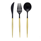 24-Pack Plastic Flatware Set in Black with Gold Handle - Heavy Duty Disposable Modern Silverware 8"