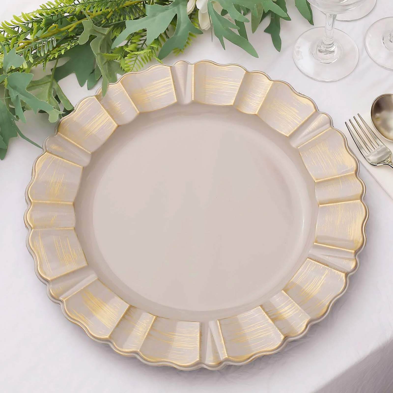 6-Pack Acrylic Plastic Round Charger Plates 13" in Nude Taupe with Gold Brushed Wavy Scalloped Rim, Decorative Dinner Party Charger Tableware