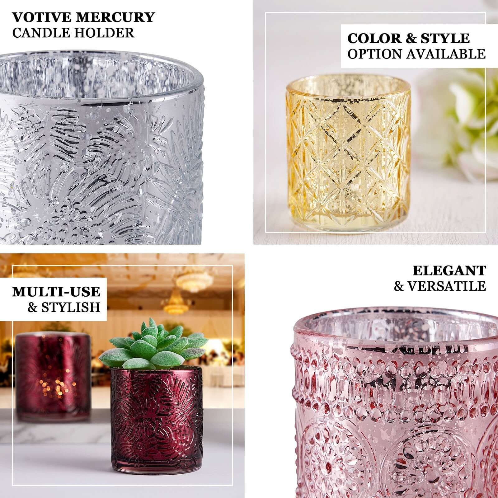 6-Pack Mercury Glass Candle Holders Shiny Gold with Geometric Design - Votive Tealight Holders 3"