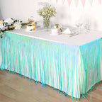 Metallic Foil Fringe Table Skirt Iridescent Blue with Self Adhesive Backing - Durable Tinsel Skirt for Parties 30"x9ft