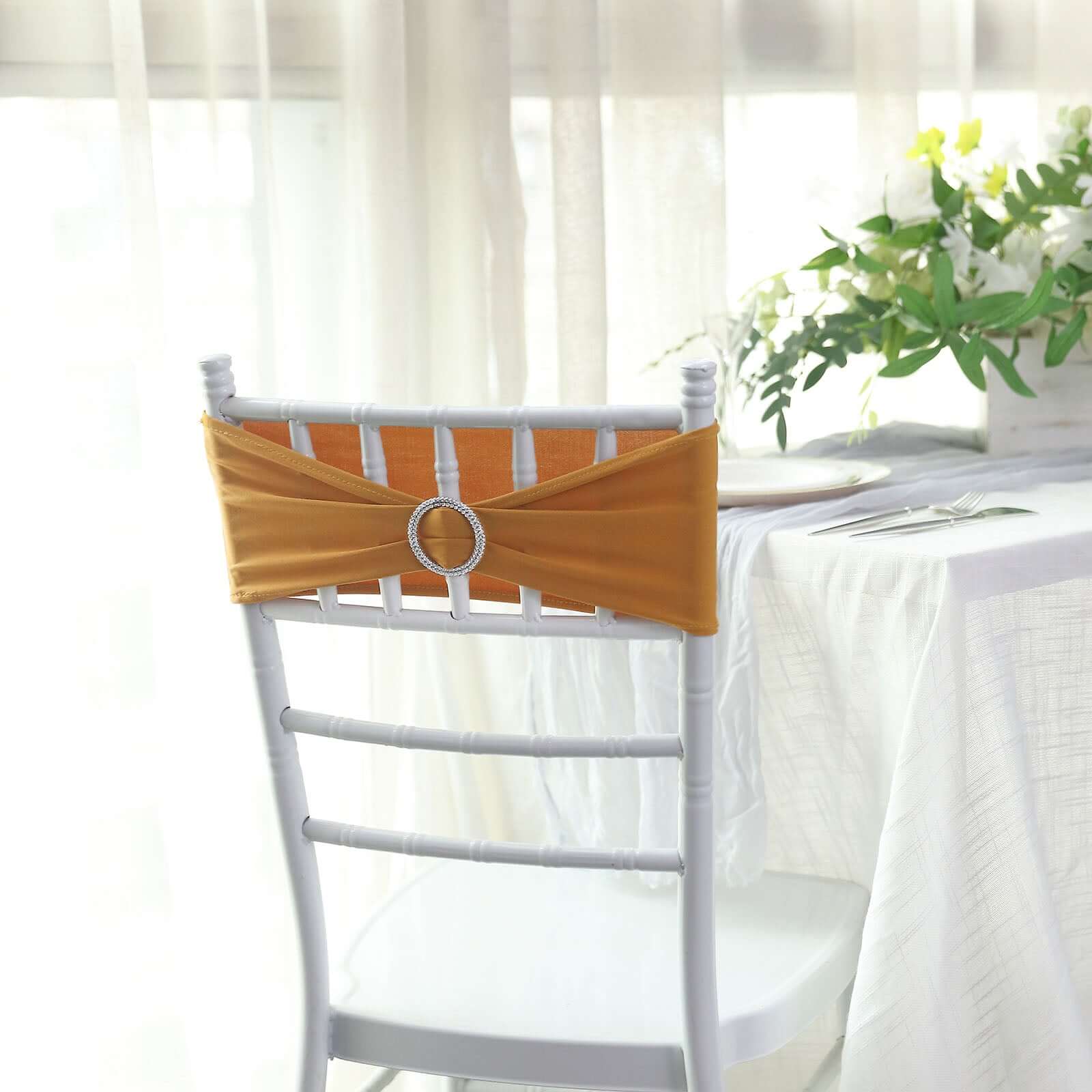5 Pack Stretch Spandex Chair Sashes Gold - Classy Reusable Chair Bands with Silver Diamond Ring Slide Buckle 5"x14"
