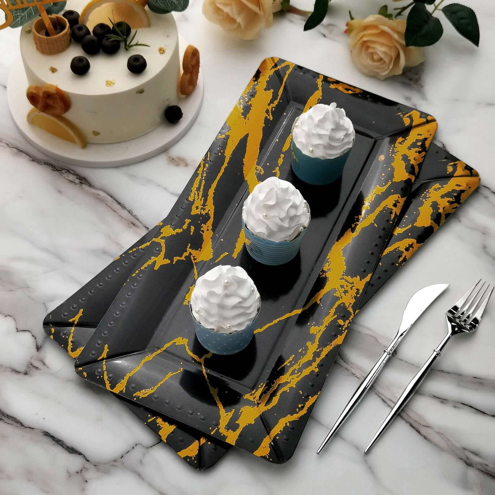 10-Pack Paper 16" Rectangle Serving Trays Black/Gold - Durable 1100GSM Disposable Food Platters with Modern Marble Design for Dessert Tables & Food Stations