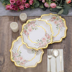 25-Pack Paper 8" Dessert Plates in White with Floral Print & Gold Scallop Rim - Disposable 300GSM Appetizer Salad Plates for Cocktail Events & Receptions