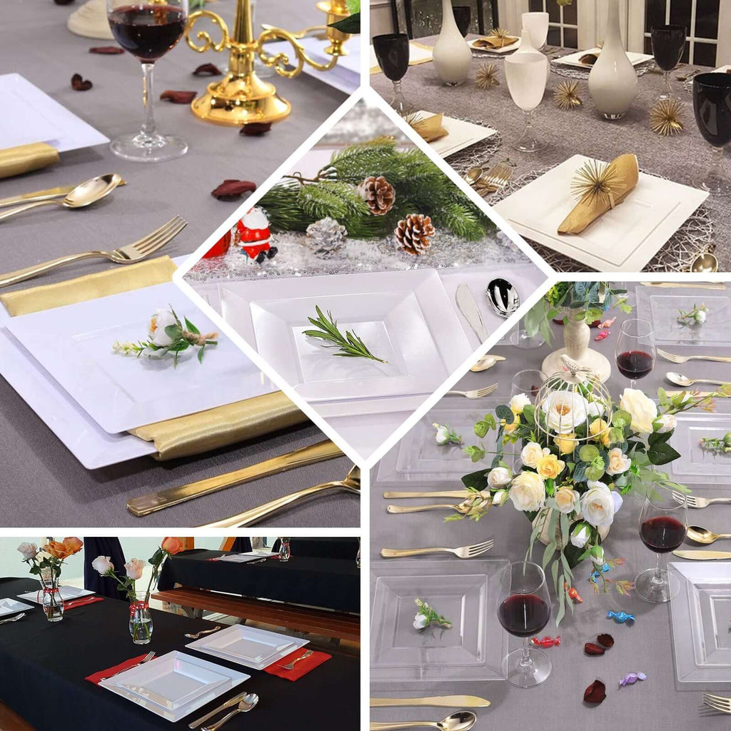 10-Pack Plastic Dinner Plates Glossy White Square with Wide Rim - Sturdy Disposable Party Plates 10"