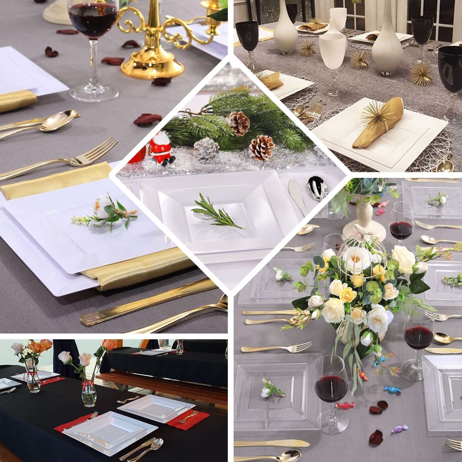 10-Pack Plastic Dinner Plates Glossy White Square with Wide Rim - Sturdy Disposable Party Plates 10"