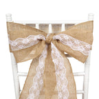 Natural Burlap Chair Sash 5"x108" with Lace Hessian Jute - Rustic Bow Design for Weddings & Gatherings