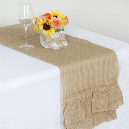 Burlap Jute 14"x108" Table Runner Natural with Ruffled Edges - Rustic Boho Chic Tabletop Decor