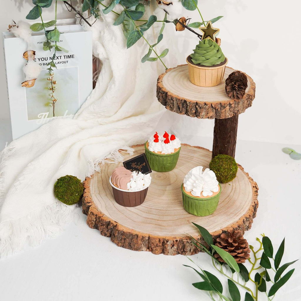 2-Tier Wooden Cheese Board Stand Elm Wood Slice Design Natural - Rustic Cupcake Centerpiece 8"
