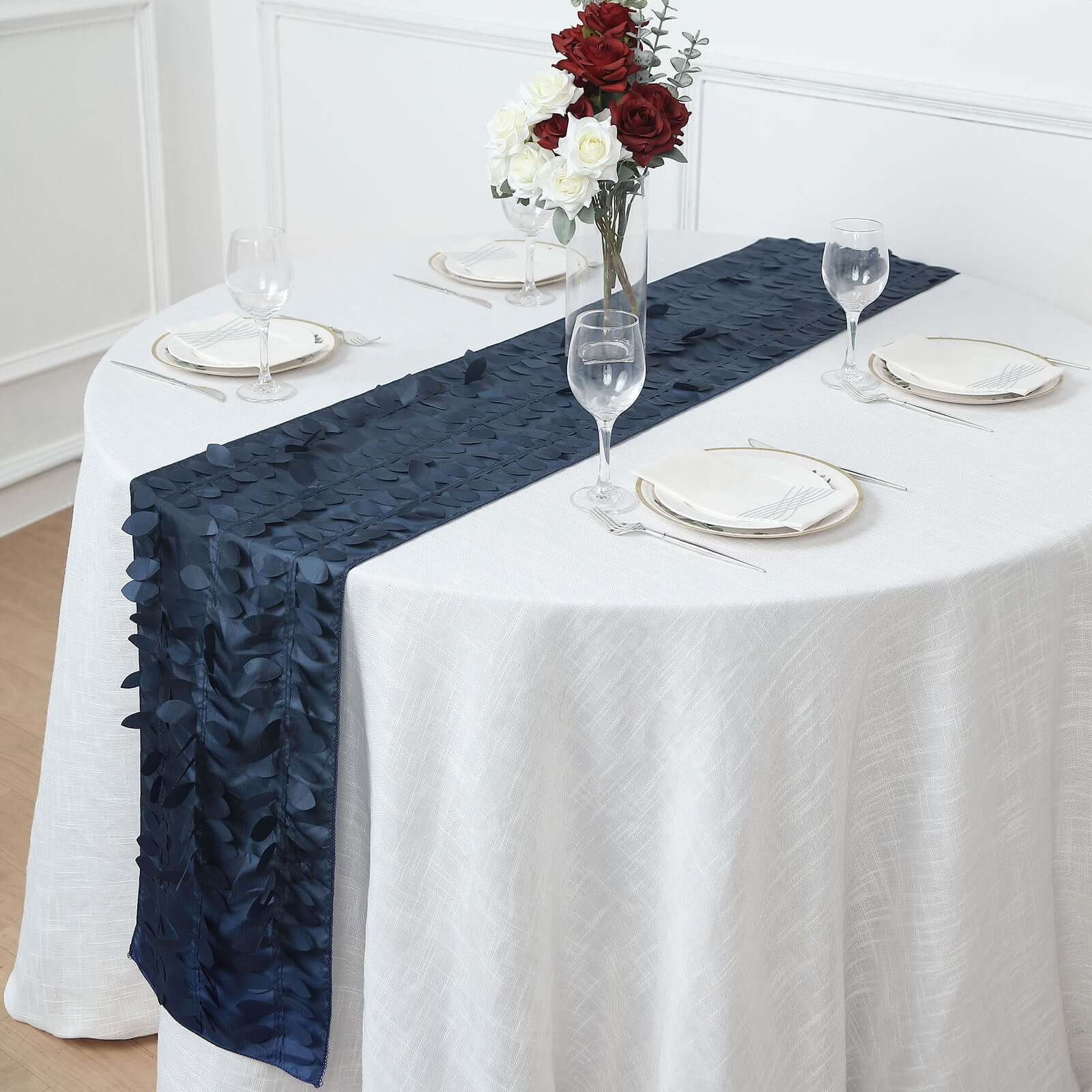 Taffeta Fabric 12"x108" Table Runner Navy Blue - 3D Leaf Petal Design