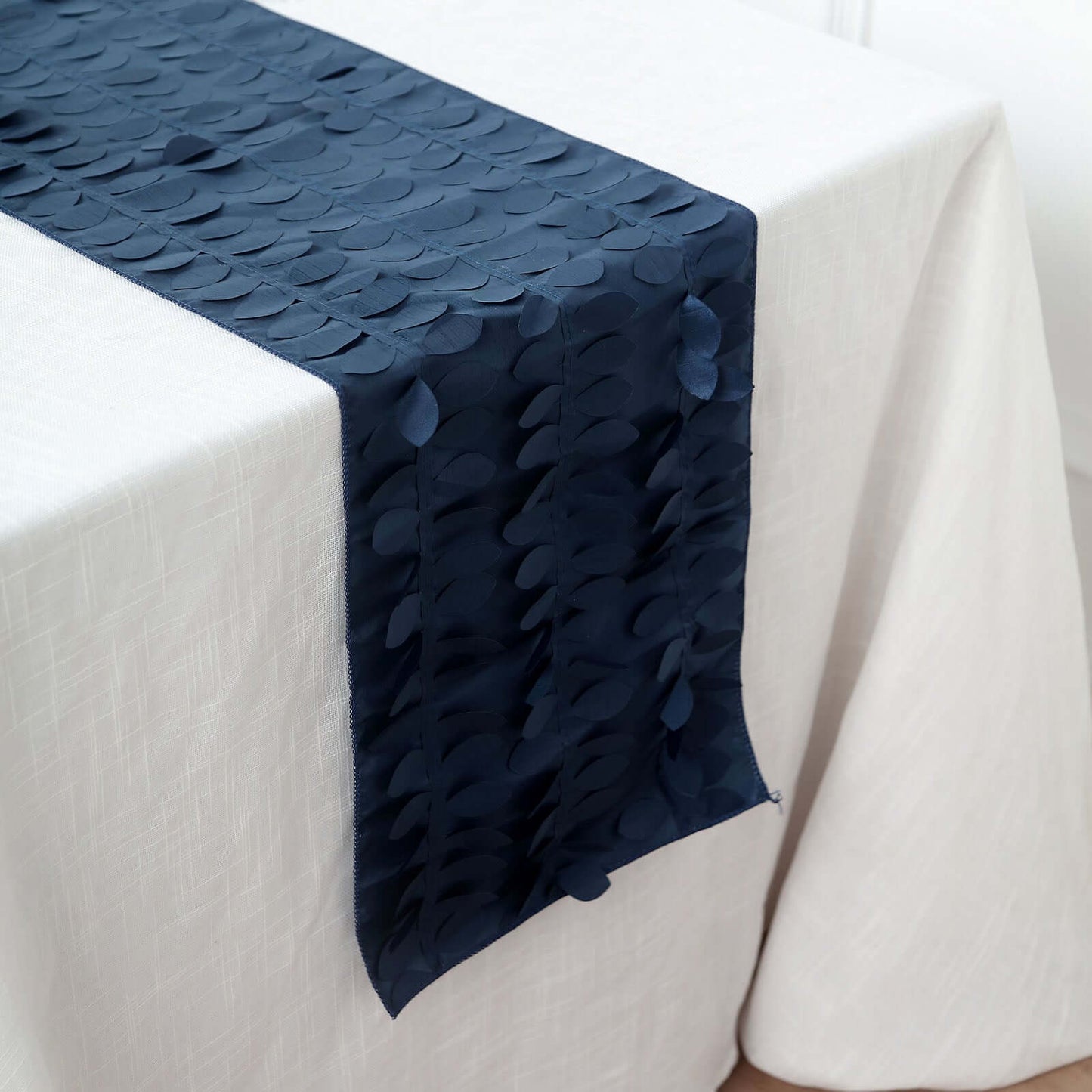 Taffeta Fabric 12"x108" Table Runner Navy Blue - 3D Leaf Petal Design