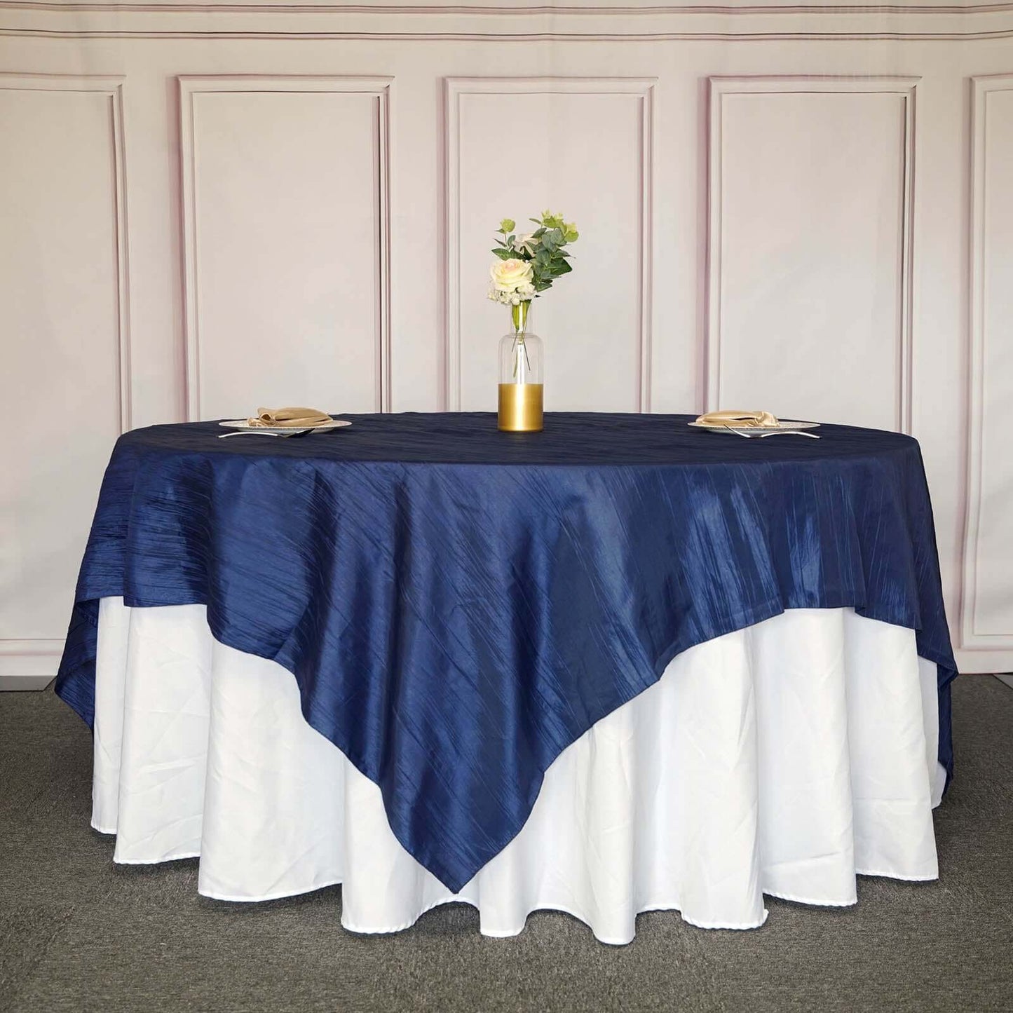 Taffeta 90"x90" Table Overlay Square Tablecloth Navy Blue - Accordion Crinkle Table Cover