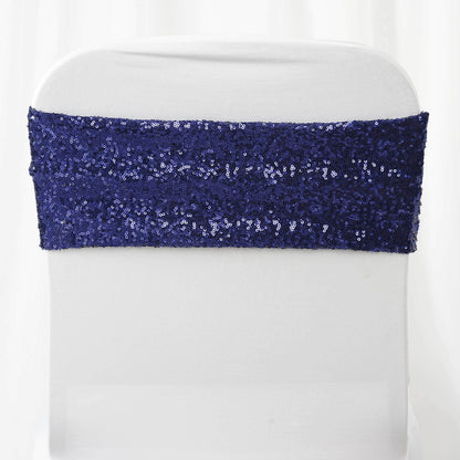5 Pack Sequin Spandex Chair Sashes Navy Blue - Stretch Chair Bands 6"x15"