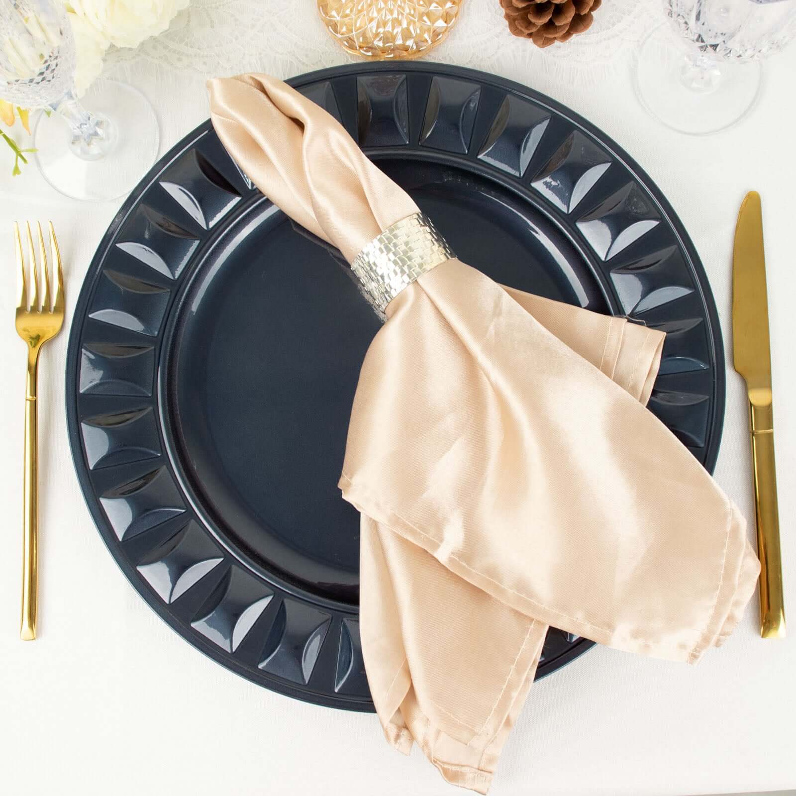 6-Pack Plastic Round Charger Plates 13" in Navy Blue with Bejeweled Rim, Luxe Decorative Dinner Party Charger Tableware