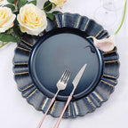 6-Pack Acrylic Plastic Round Charger Plates 13" in Navy Blue with Gold Brushed Wavy Scalloped Rim, Decorative Dinner Party Charger Tableware