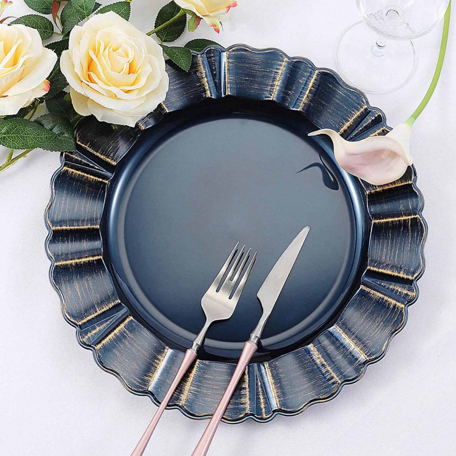 6-Pack Acrylic Plastic Round Charger Plates 13" in Navy Blue with Gold Brushed Wavy Scalloped Rim, Decorative Dinner Party Charger Tableware
