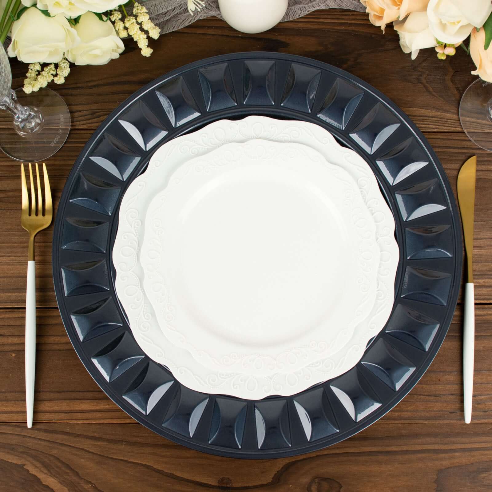 6-Pack Plastic Round Charger Plates 13" in Navy Blue with Bejeweled Rim, Luxe Decorative Dinner Party Charger Tableware