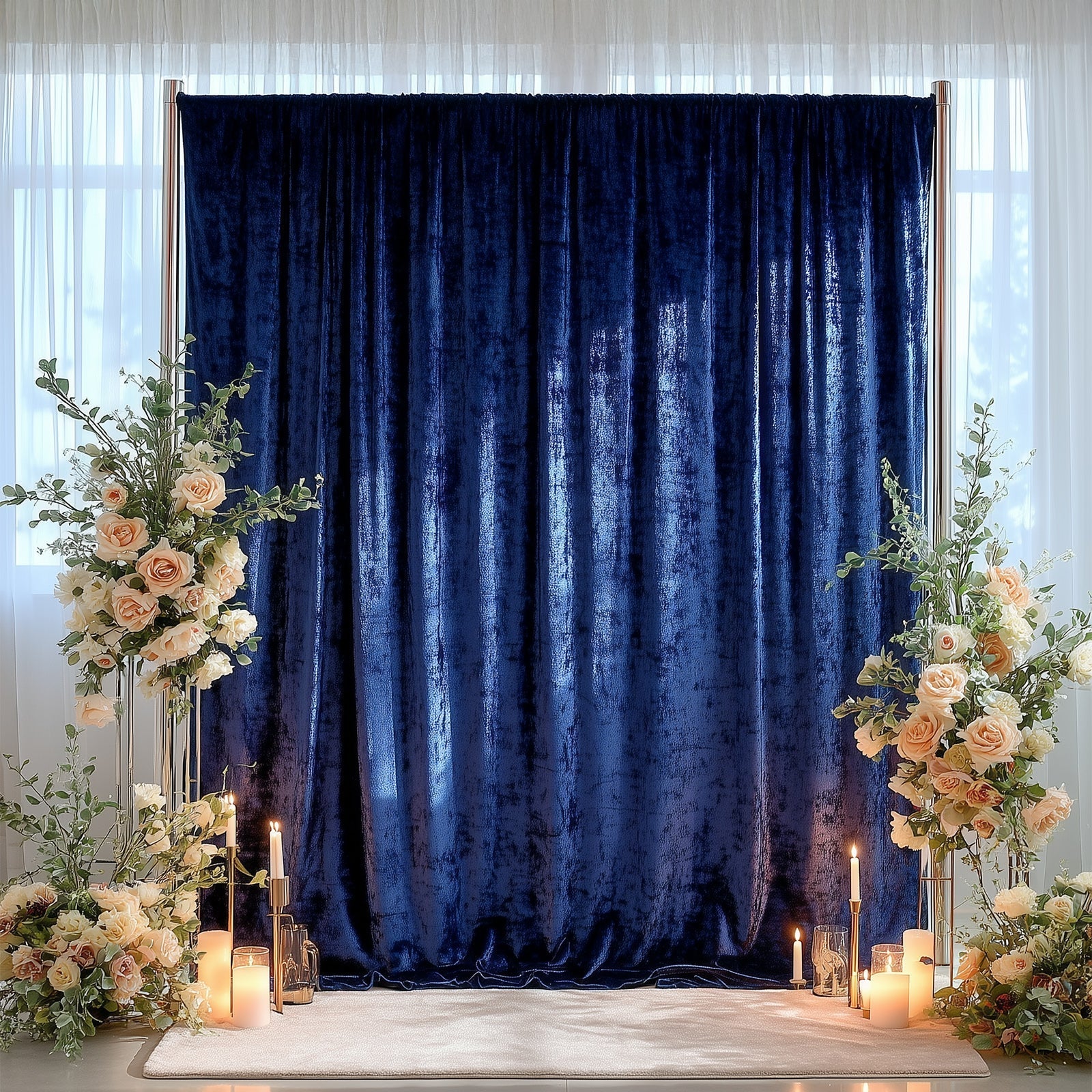 Navy Blue Crushed Velvet Backdrop Curtain â€“ 5ft x 12ft Event Drape with Rod Pocket, Privacy Panel for Photo Booths & Events - Bell Racket Store